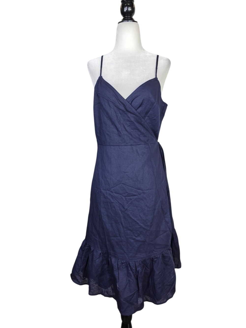 GAP Linen Navy Wrap Cami Midi Dress with Ruffle Hem